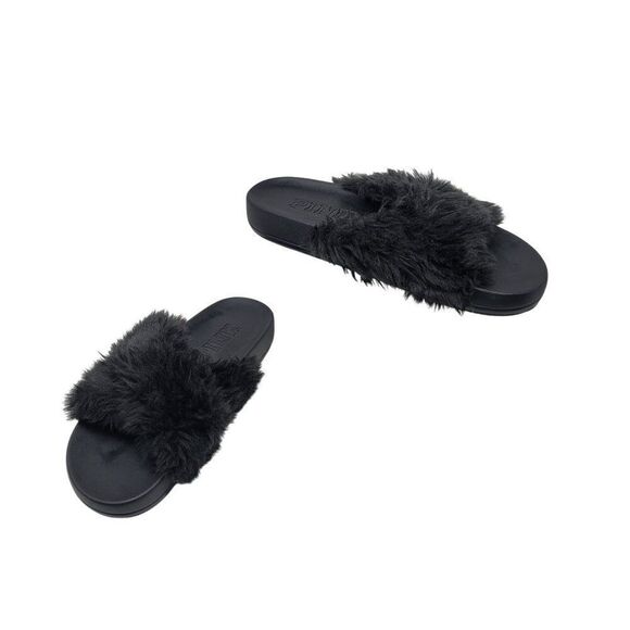 Victoria's Secret Pink Womens Faux Fur Slide Slippers Black S Fuzzy Open Toe - Picture 8 of 11